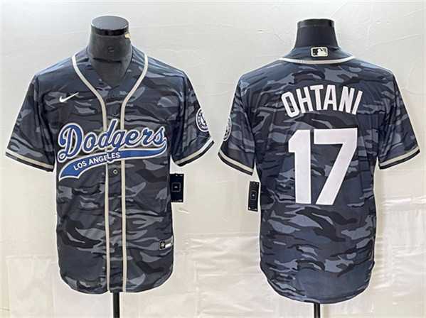 Mens Los Angeles Dodgers #17 Shohei Ohtani Gray Camo Cool Base With Patch Stitched Jersey